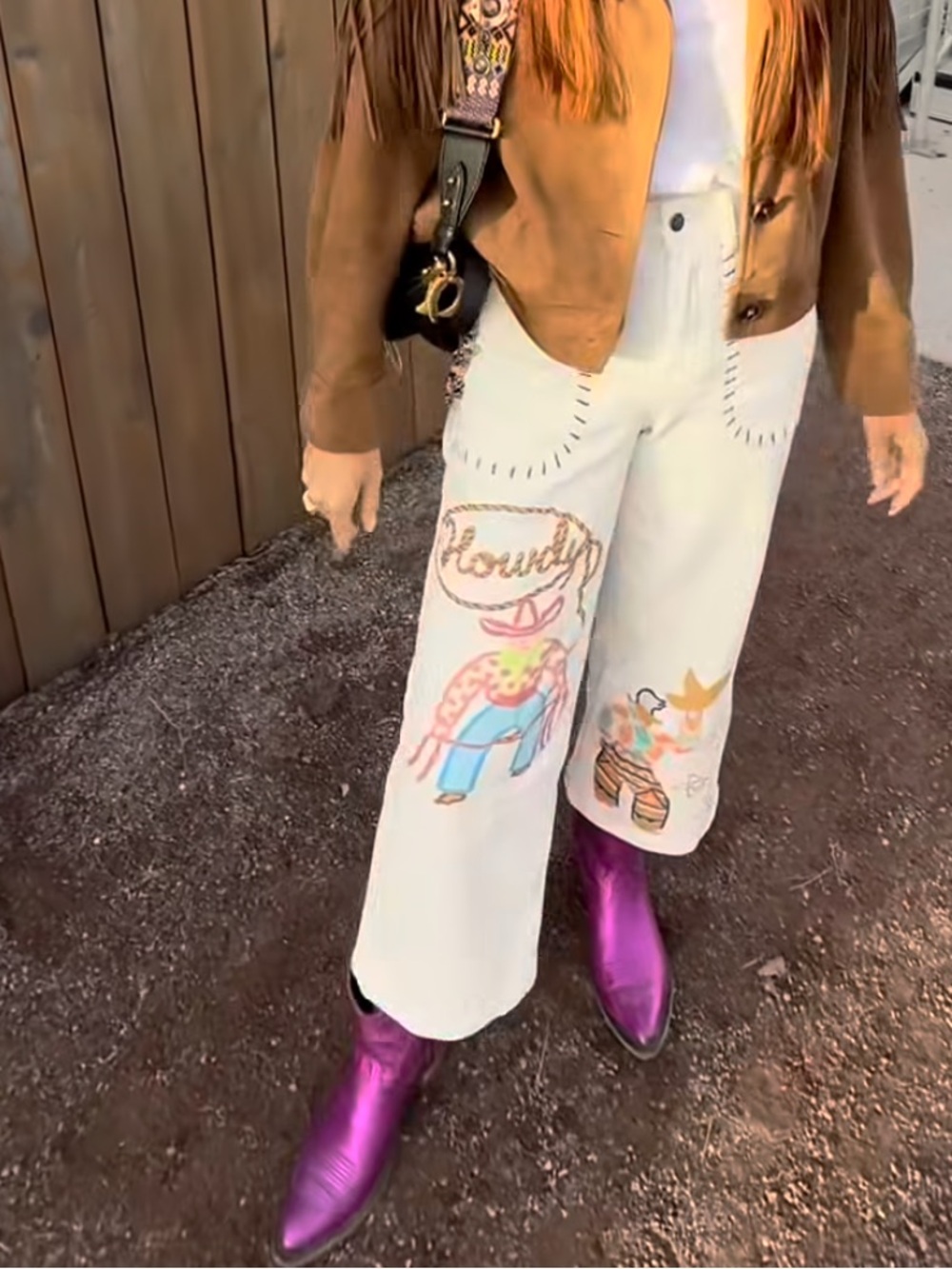 Western Rodeo Chic Howdy Cowboy White Wide-Leg Embroidered Women’s Jeans